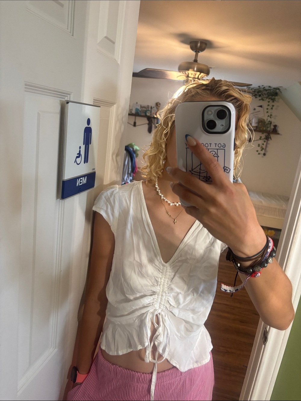 Women's White Ruched Tie-Front Blouse